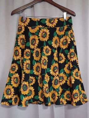 Sunflower Print Skater Midi Skirt High Waisted Flared Cottage Boho Festival